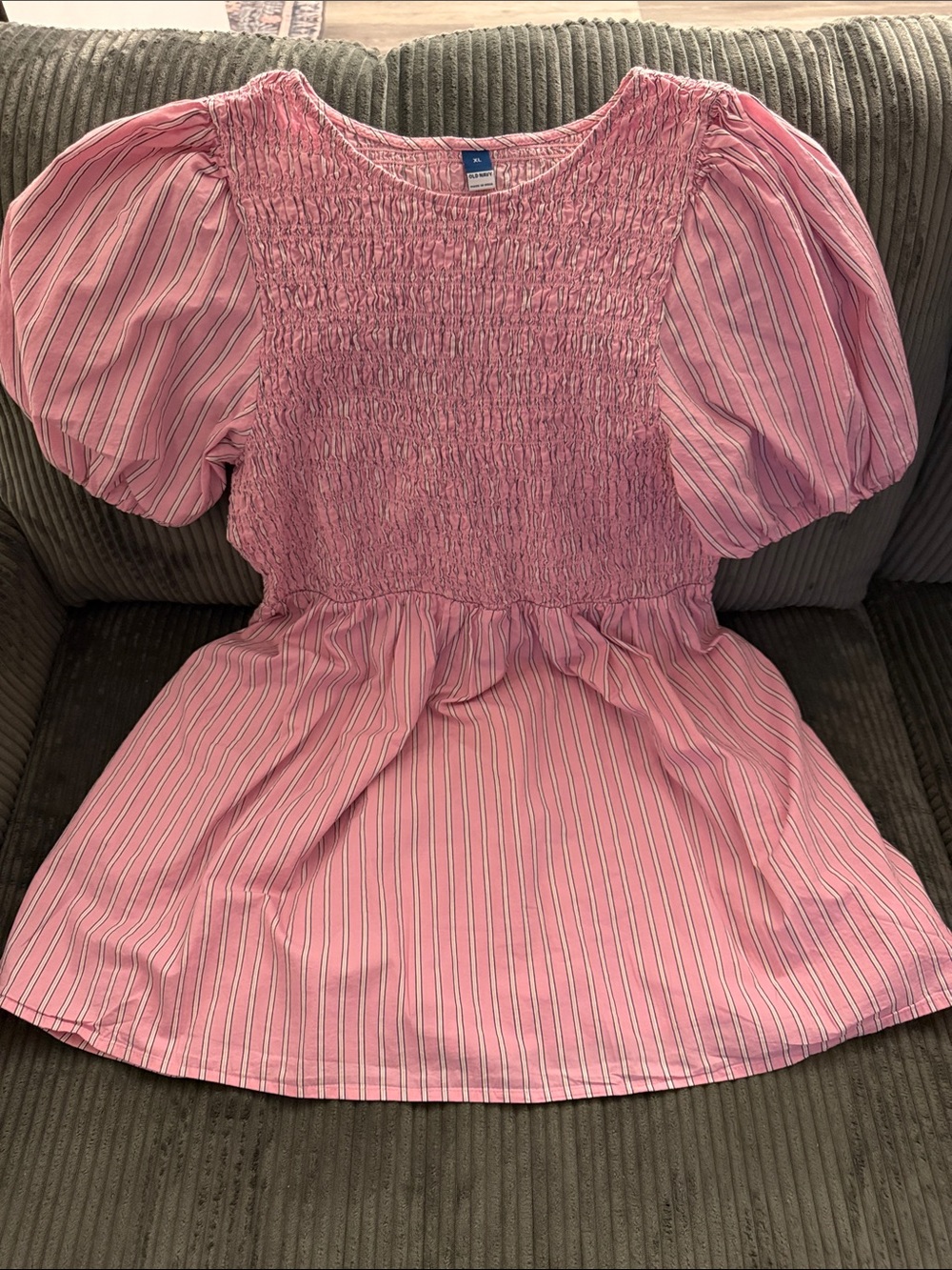 Old Navy Pink Striped Smocked Puff-Sleeve Top
